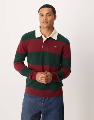 Gant GANT fine knit lambswool striped rugby polo in green