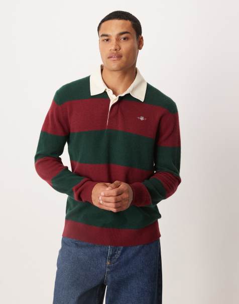 GANT fine knit lambswool striped rugby polo in green - view 1