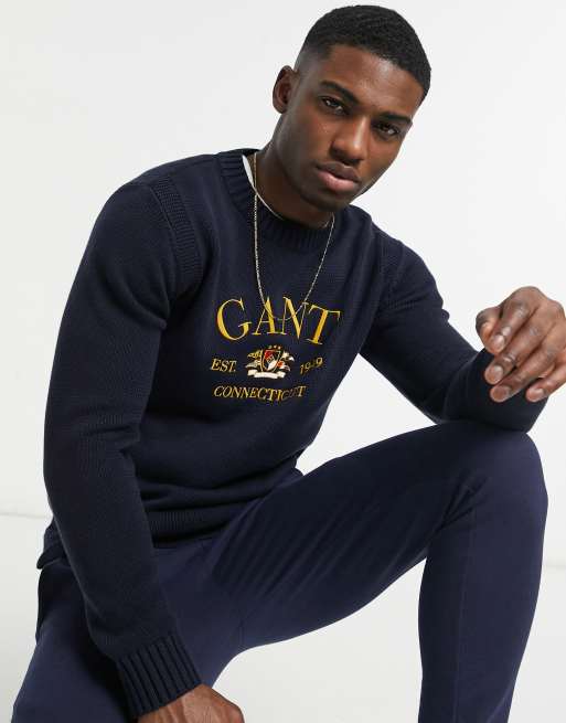 GANT flag crest logo knit jumper in evening blue navy