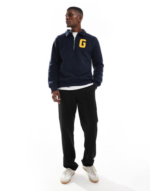 Gant - Fleece trui met korte rits en varsity logo in marineblauw