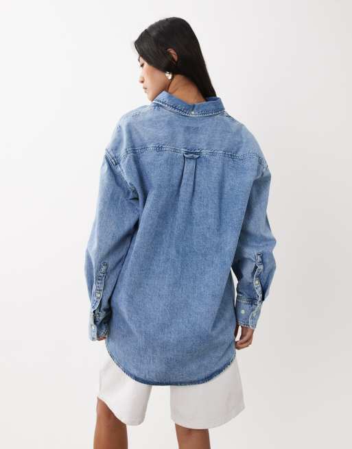 GANT - Forvasket blå oversized skjorte med denimlook og lille logo, 4 af 4