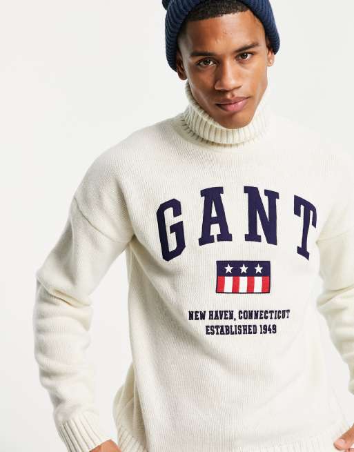 GANT front shield logo wool knit turtleneck jumper in cream