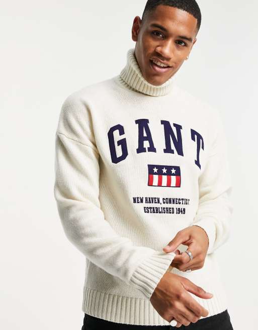 GANT front shield logo wool knit turtleneck jumper in cream