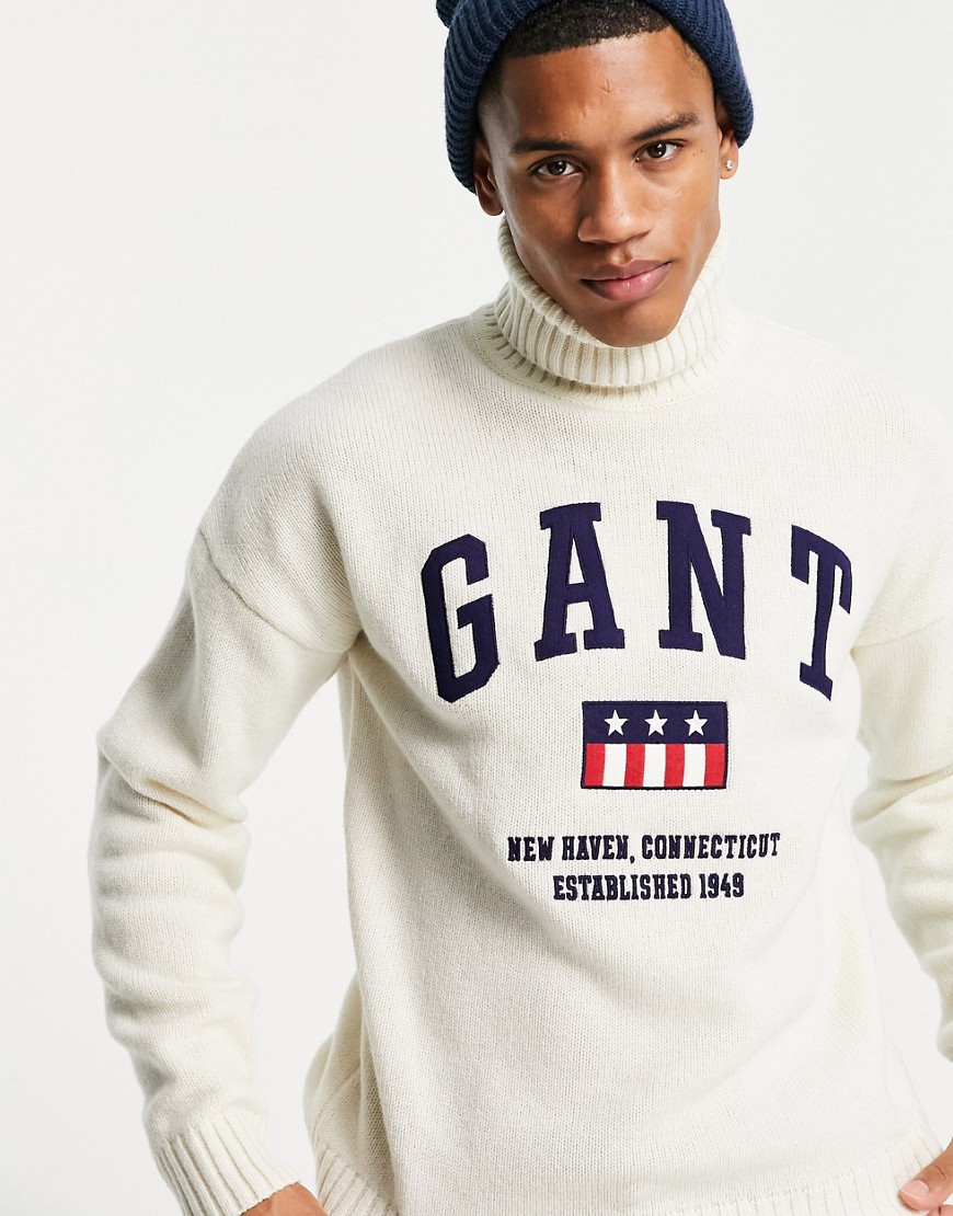 GANT front shield logo wool knit turtleneck sweater in cream-White