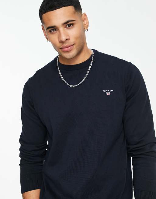 GANT - Gebreide trui met ronde hals en klein logo in marineblauw