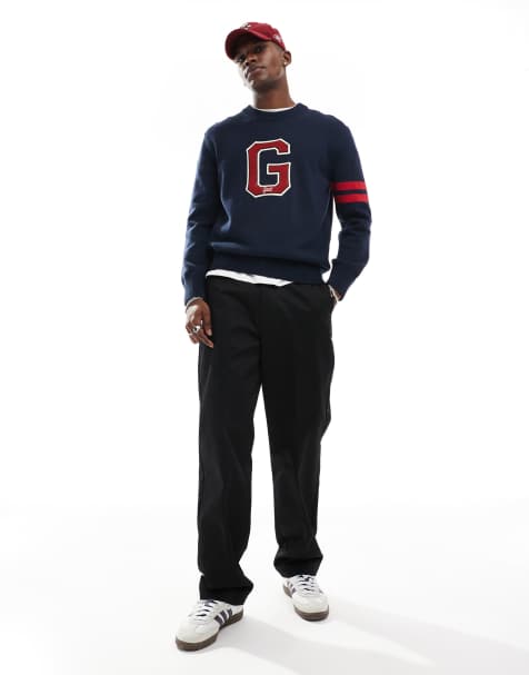 Gant - Gebreide trui met ronde hals en varsity logo in marineblauw - view 1