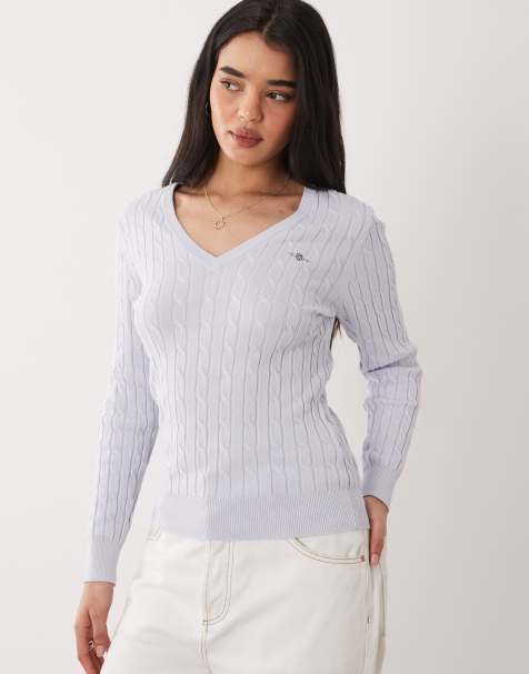 GANT - Gebreide trui met V-hals en kabels in babyblauw - view 1