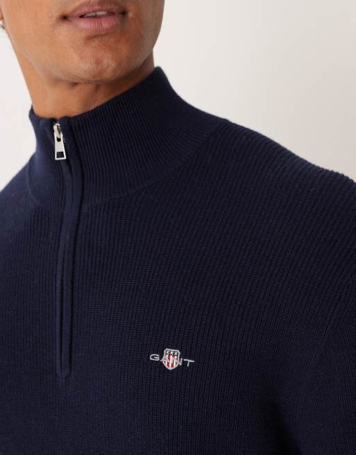 GANT - Geribbelde gebreide trui van merinowol met korte rits in marineblauw, 5 van 5
