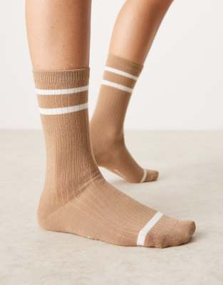 GANT - Gerippte Socken in Beige mit Streifen und Logo-Neutral