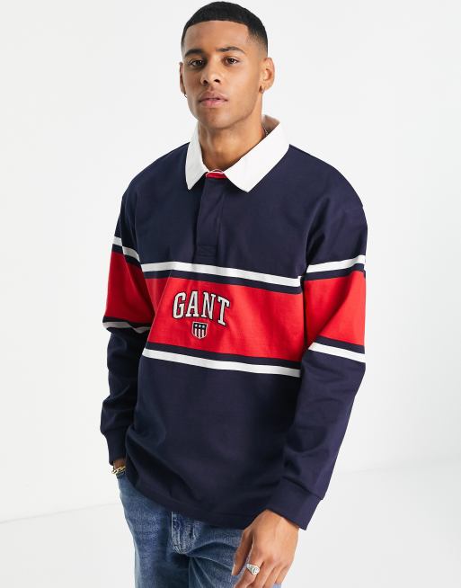 GANT - Gestreept rugbyshirt van zware stof met retro wapenlogo op de borst in marineblauw