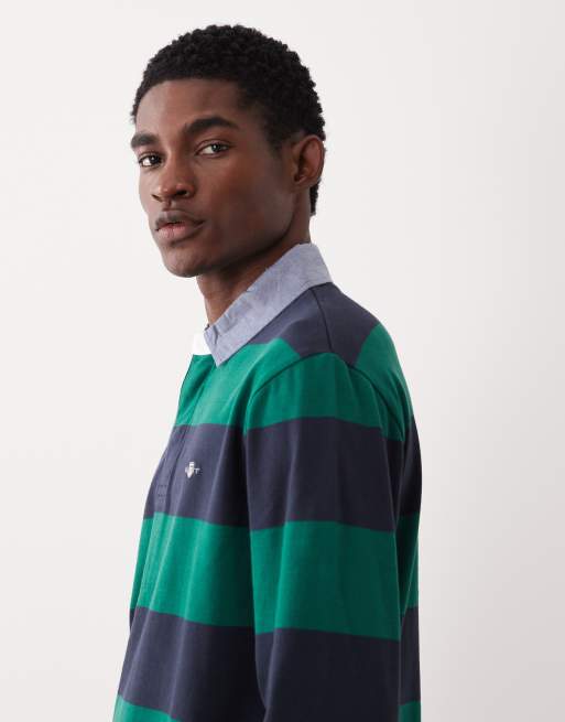 Gant - Gestreepte rugbytop met logo in groen en marineblauw, 4 van 5