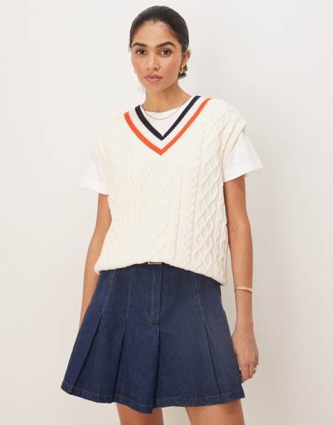 Gant - Gilet maglione in maglia crema a trecce con scollo a V a contrasto - view 1