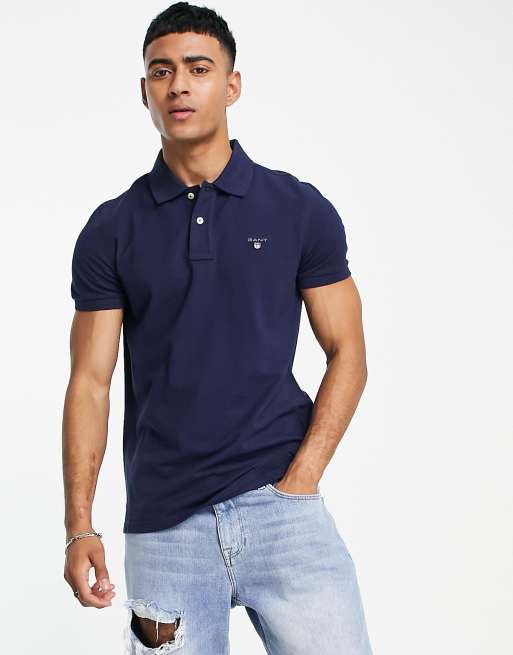 GANT – Granatowa koszulka polo z piki o dopasowanym kroju z oryginalnym logo
