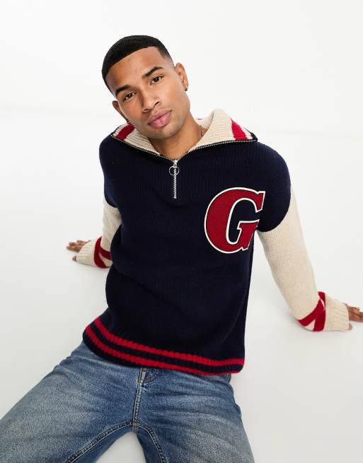 GANT – Granatowo-kremowy sweter oversize z domieszką wełny z zamkiem pod szyją w stylu uczelnianym
