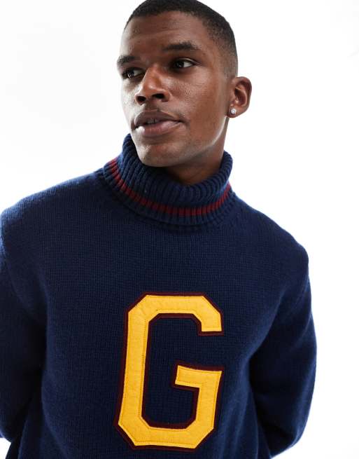 Gant – Granatowy dzianinowy sweter z golfem i logo w stylu uczelnianym, 3 z 5