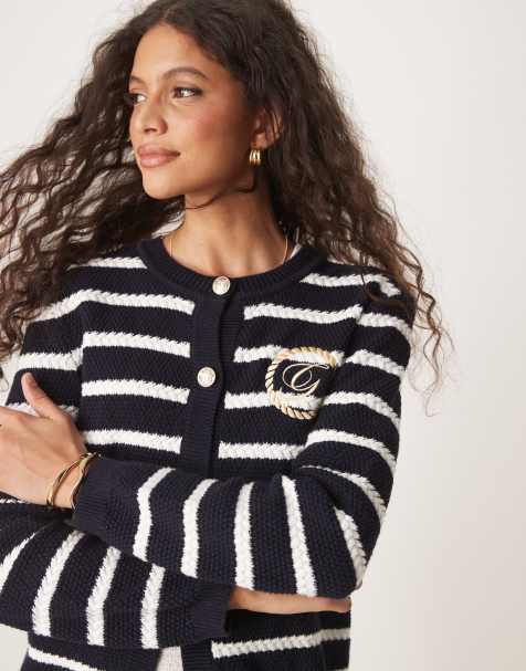 GANT crew neck logo cardigan in navy stripe