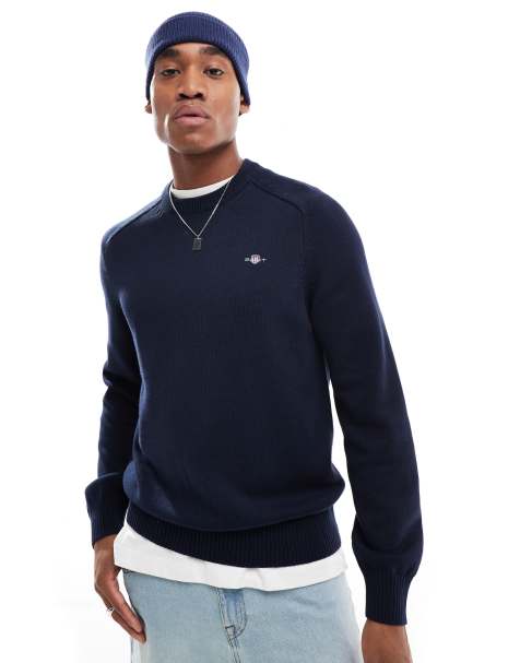 GANT – Granatowy sweter z dzianiny bawełnianej z logo - view 1