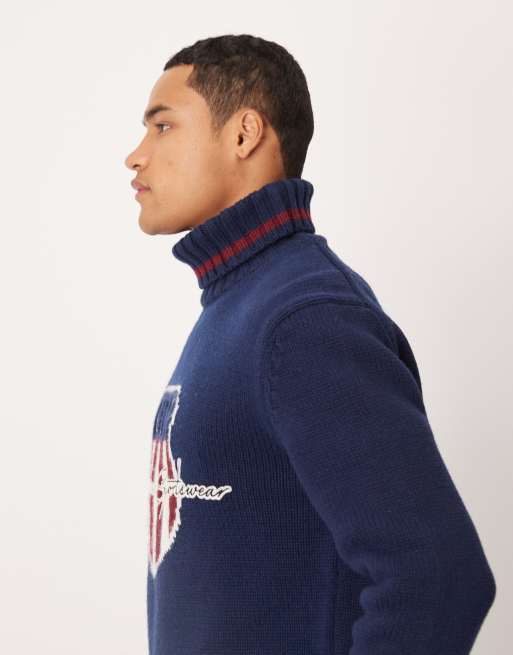 GANT – Granatowy sweter z golfem z mieszanki wełny z haftowanym logo, 4 z 5
