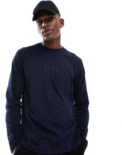 GANT embossed tonal shield logo long sleeve t-shirt in navy