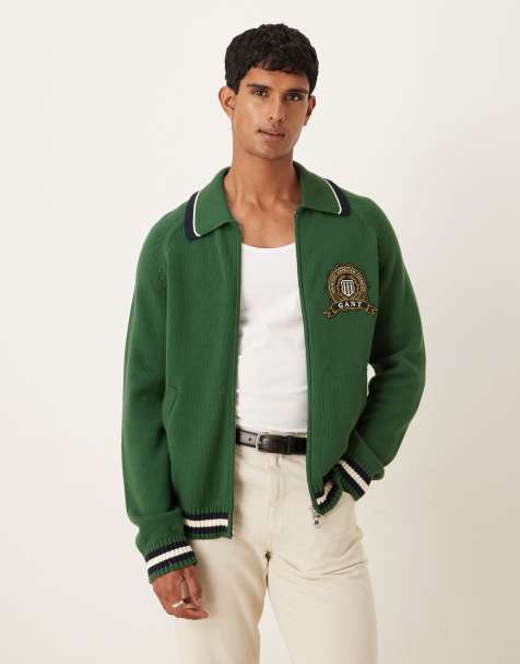 GANT - Grøn cardigan i strik med varsity-design og lynlås - view 1
