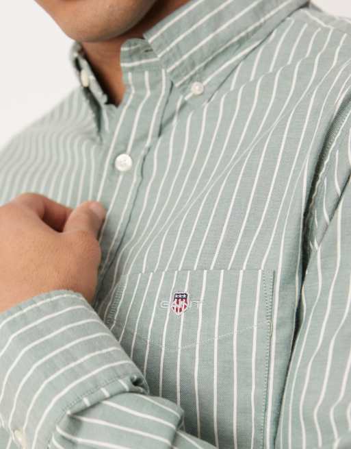 GANT – Grön, borstad skjorta i twill med regular fit, randigt mönster och logga, 3 av 4