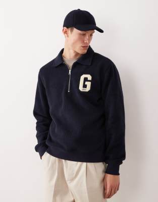 Gant Half Zip Fleece Sweater With Varsity G Logo In Blue