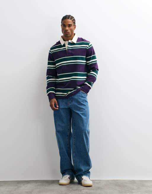 GANT heavyweight striped rugby polo in mid blue and green, 3 of 5