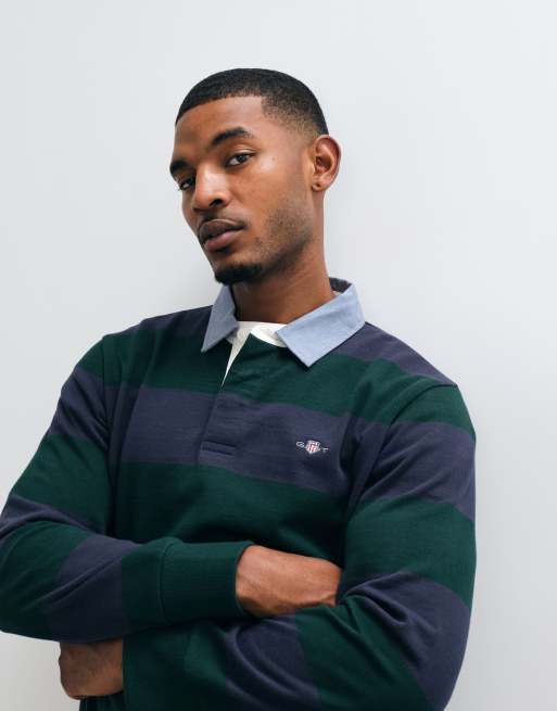 GANT heavyweight striped rugby polo in tartan green, 2 of 5