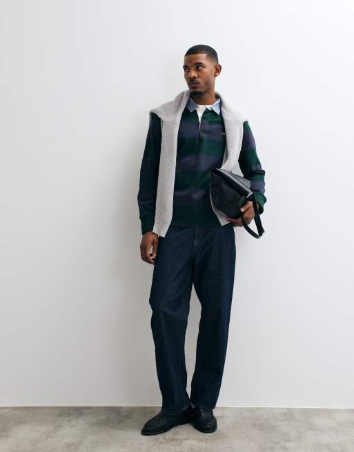 GANT heavyweight striped rugby polo in tartan green, 3 of 5