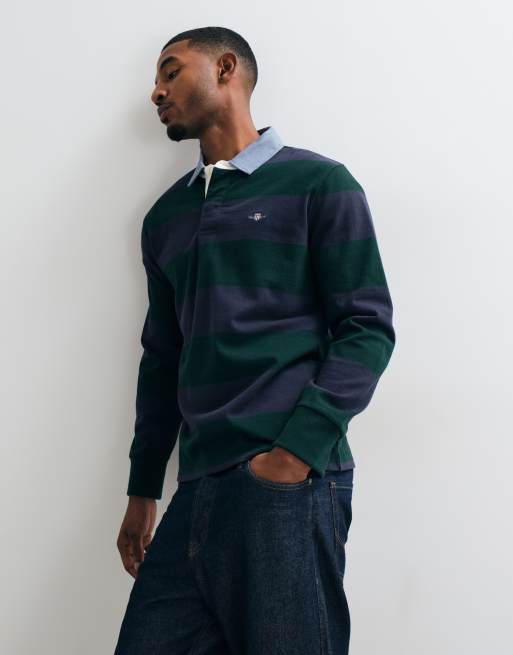 GANT heavyweight striped rugby polo in tartan green, 4 of 5