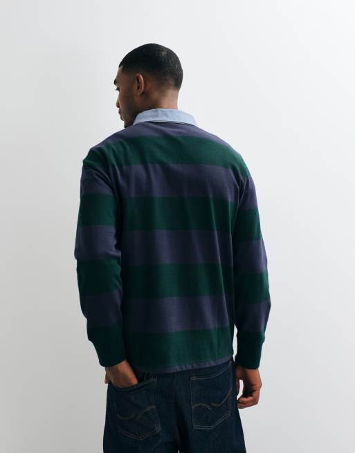 GANT heavyweight striped rugby polo in tartan green, 5 of 5