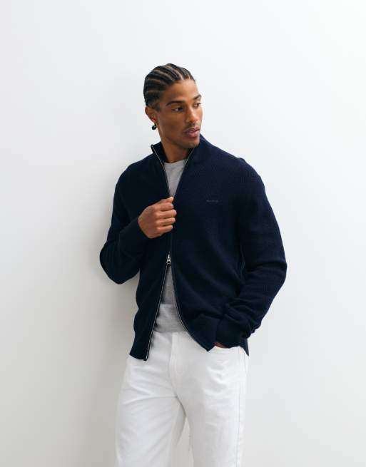 GANT herringbone zip cardigan in midnight blue, 2 of 5