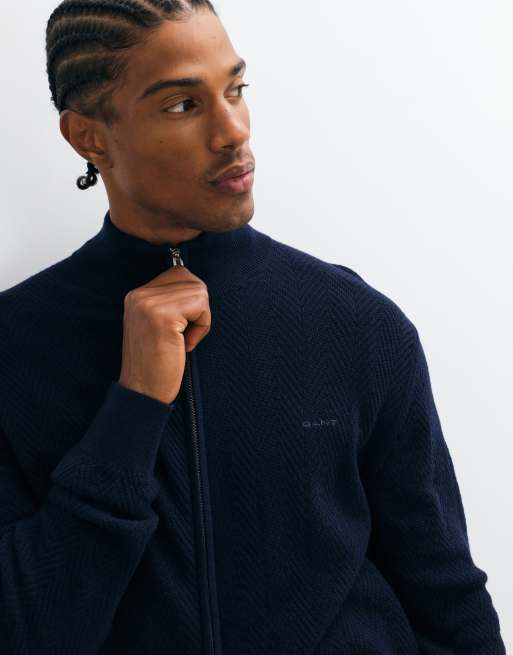 GANT herringbone zip cardigan in midnight blue, 3 of 5