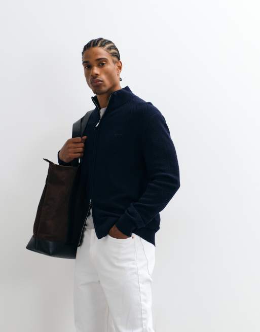 GANT herringbone zip cardigan in midnight blue, 4 of 5