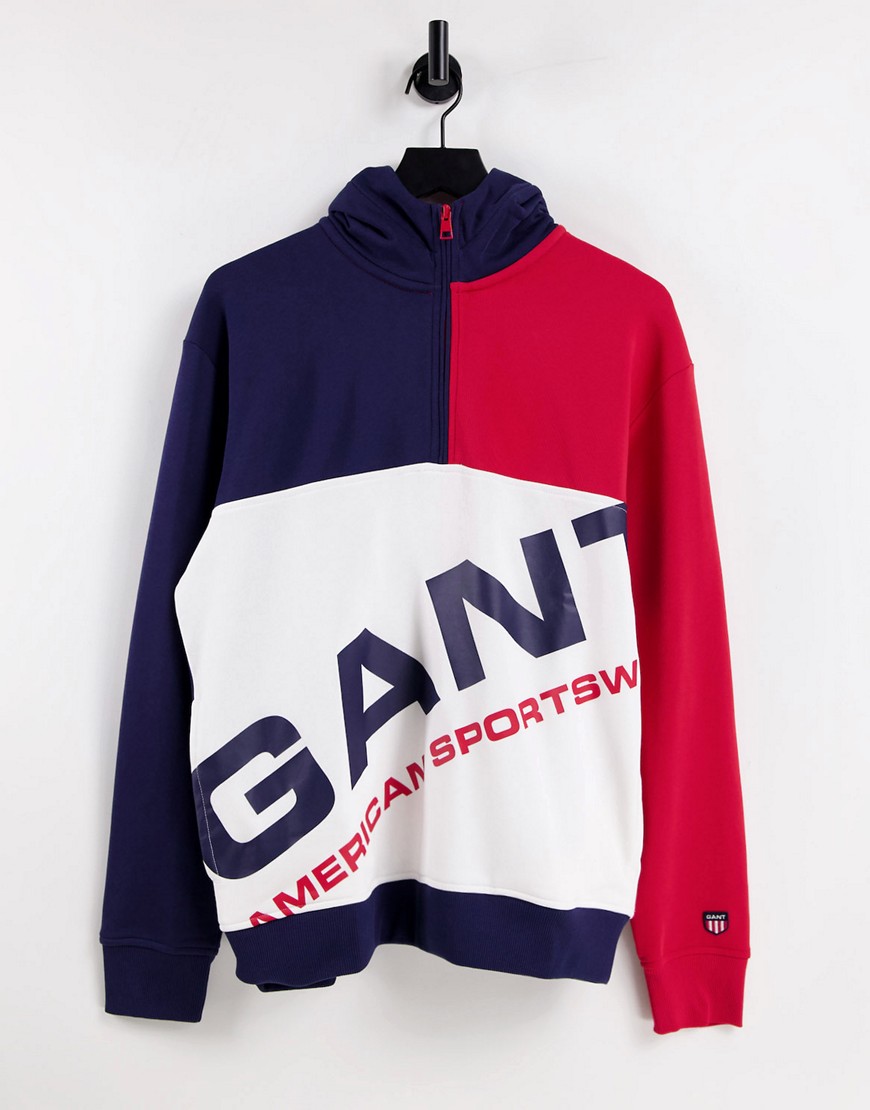 GANT - Hoodie met retro-logo, kleurblokken en halve rits in marineblauw/rood/wit-Veelkleurig