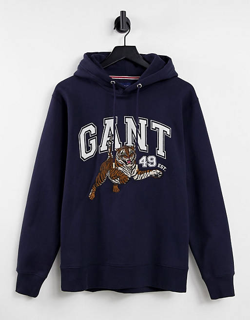GANT hoodie with large collegiate tiger logo in navy | ASOS