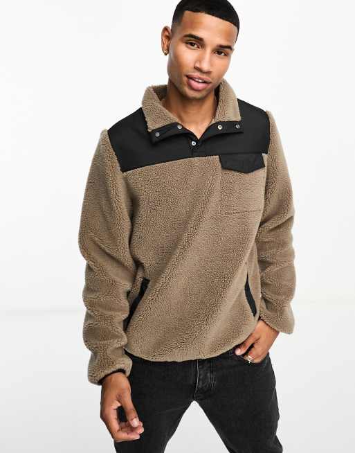 GANT hybrid borg fleece half button up sweatshirt in brown ASOS