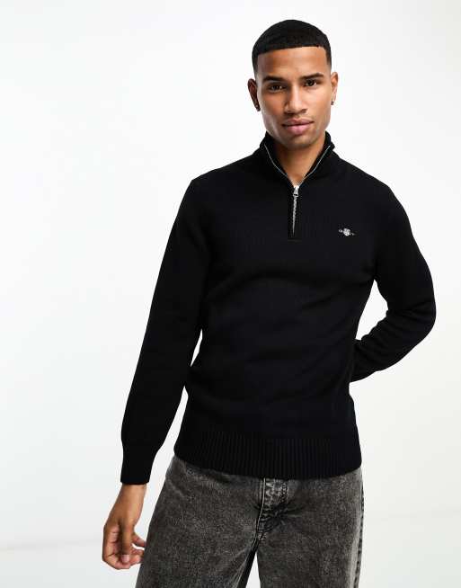 GANT icon logo casual cotton knit half zip jumper in black ASOS