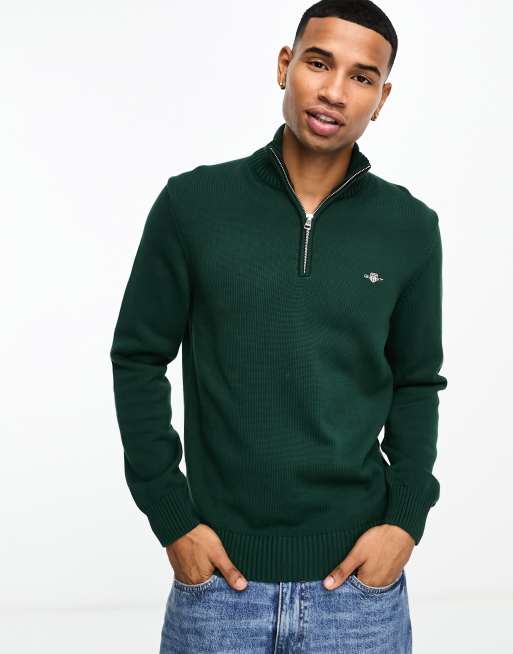 GANT icon logo casual cotton knit half zip jumper in tartan green