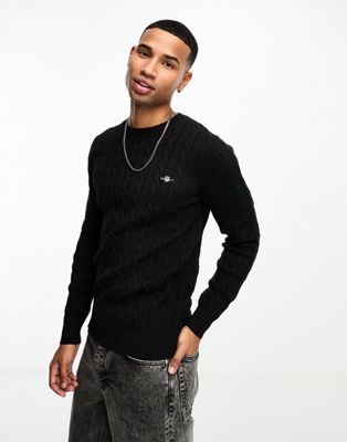 GANT icon logo cotton cable knit jumper in black