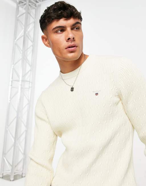 GANT Cotton Cable Crew Neck Pullover Cream at