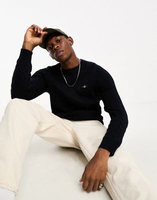 GANT icon logo cotton cable knit jumper in navy