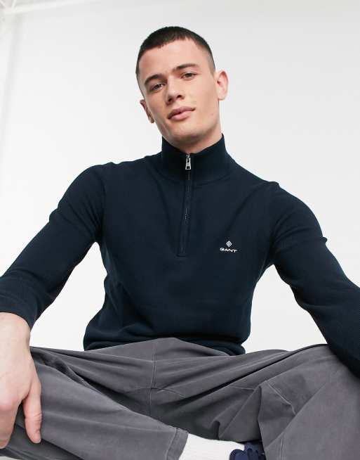 Gant icon logo half zip cotton pique knit sweater in evening blue navy |  ASOS