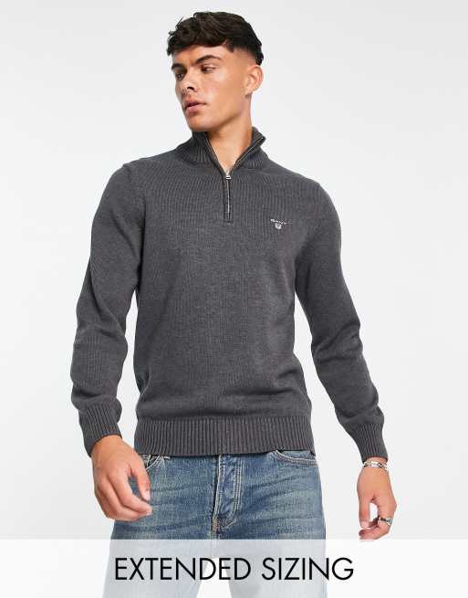 GANT icon logo heavy cotton half zip knit jumper in charcoal marl | ASOS