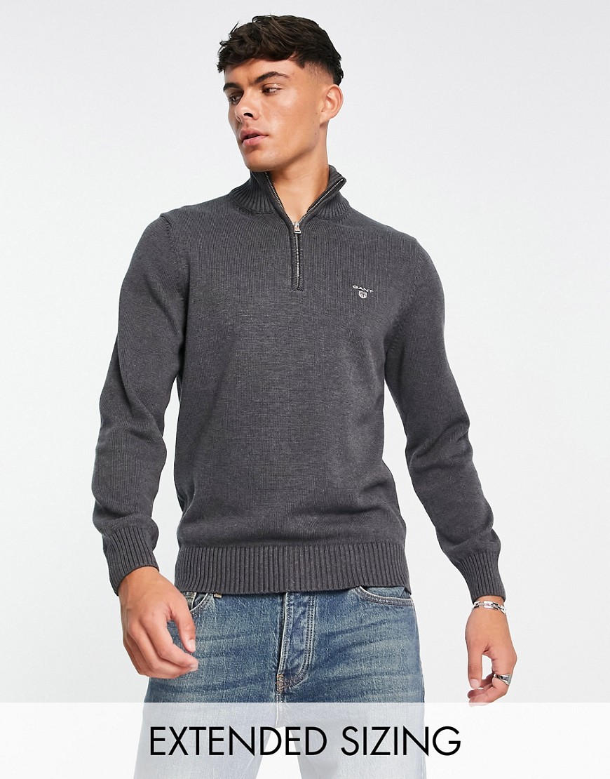 GANT icon logo heavy cotton half zip knit sweater in charcoal heather-Gray