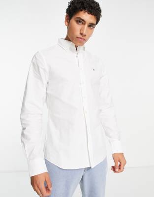GANT icon logo slim fit oxford shirt button down in white - ASOS Price Checker
