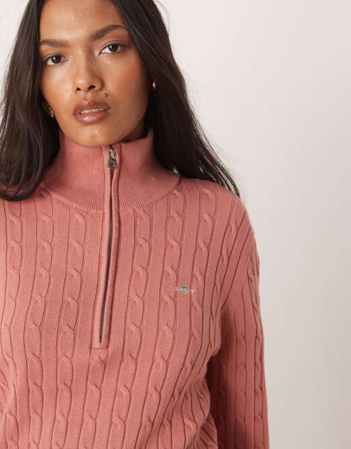 GANT – Jasnoczerwony sweter z bawełnianej dzianiny o warkoczowym splocie z zapięciem na zamek pod szyją