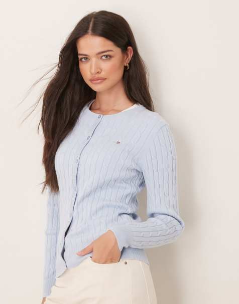 GANT – Jasnoniebieski bawełny kardigan z dzianiny o warkoczowym splocie z logo - view 1