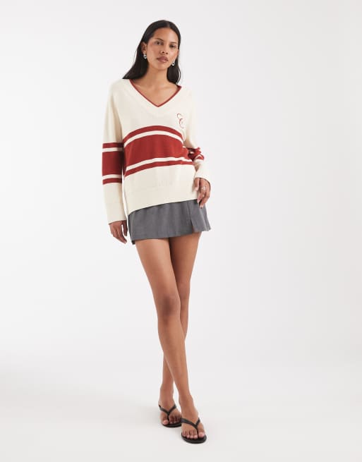 Gant - Jersey color crema y rojo extragrande con cuello de pico de algodón, 4 de 4