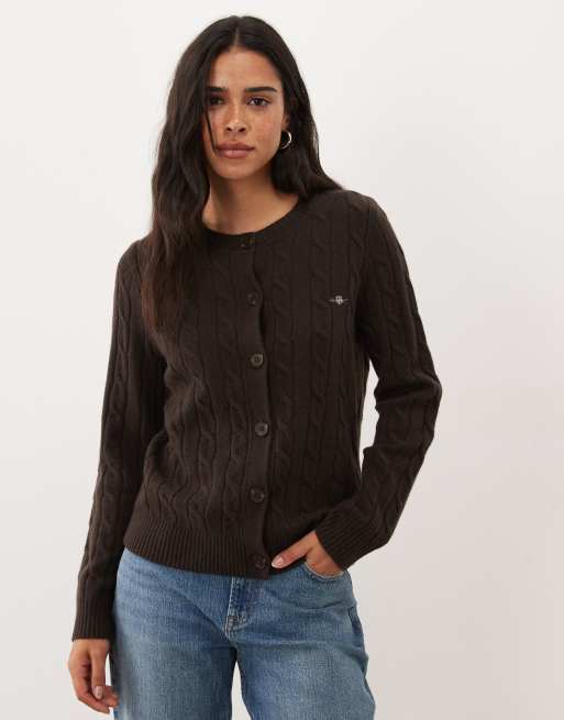 GANT kabelstrikket cardigan i brun, 2 af 4